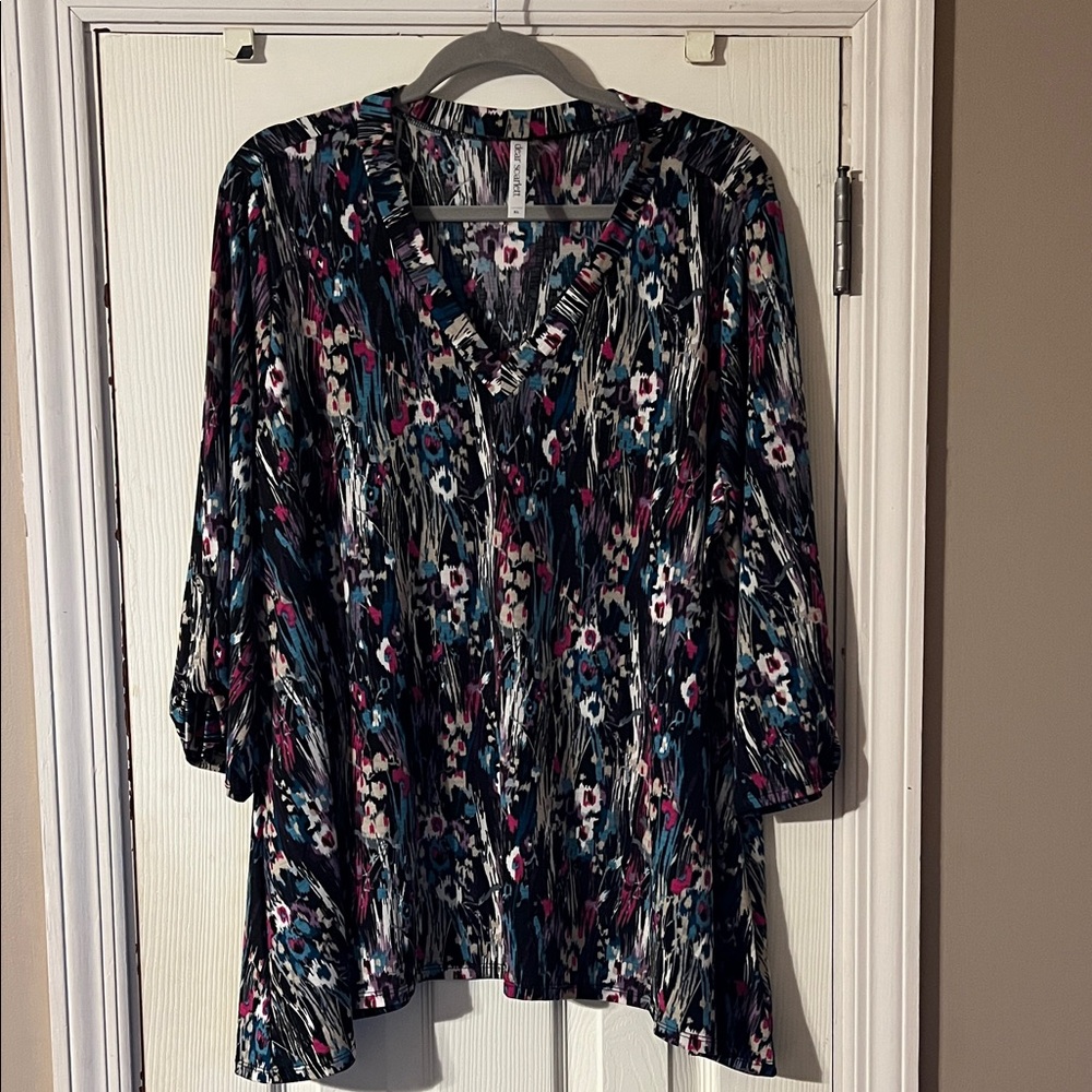 Black Floral V-Neck Tunic with Pink & Teal Accents